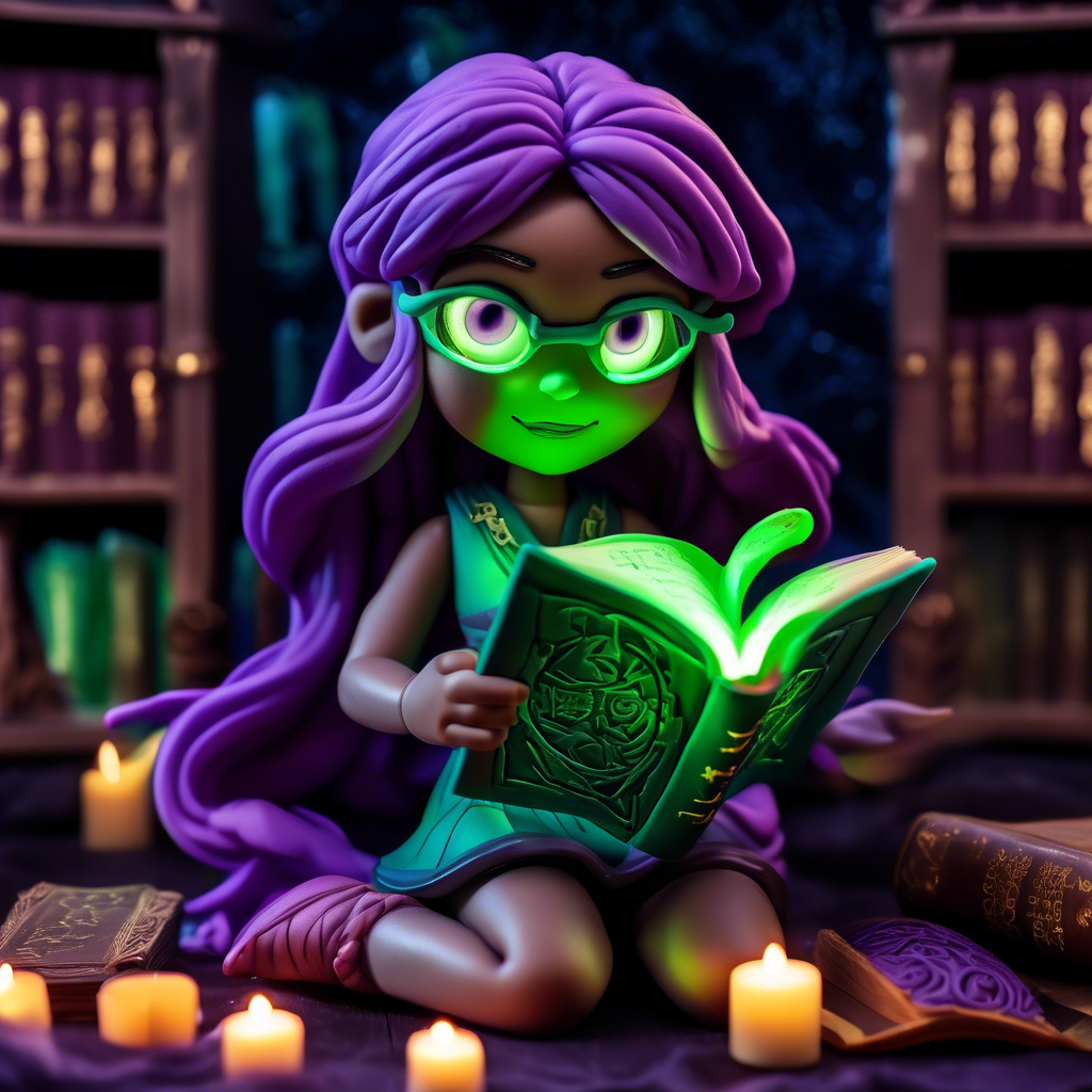 "Mystical Anime Girl with a Spellbook" An anime girl with glowing green eyes and long purple hair, holding an ancient spellbook with magical runes floating around her. The background is a dark, mystical library. Rendered in 8K with soft, glowing lighting.