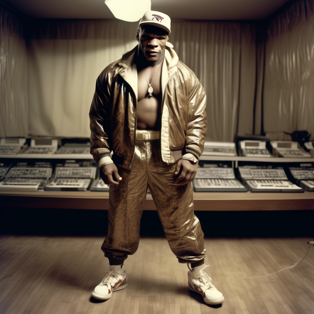 Fashion photography of a Mike Tyson dressed in large hiphop clothes from 1980s , wearing sneakers , Sony Alpha α7, ISO1900, volumetric lighting,