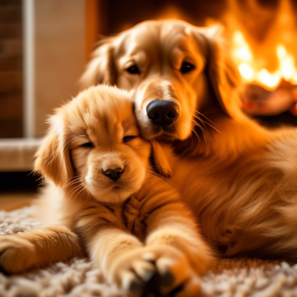 A fluffy orange cat and a golden retriever puppy cuddling together on a soft rug in front of a fireplace, captured in 4K with a 50mm lens and cozy, warm lighting.