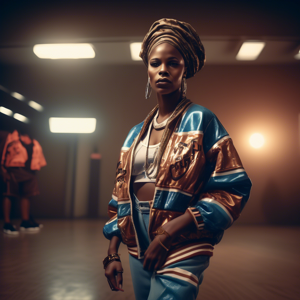 Fashion photography of an African beauty queen dressed in large hiphop clothes from 1980s , wearing sneakers , Sony Alpha α7, ISO1900, volumetric lighting,