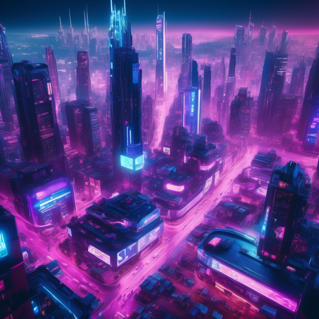A sprawling futuristic city illuminated by neon lights in shades of blue, pink, and purple. Flying cars zip through the air, and towering skyscrapers feature holographic advertisements. The streets below are bustling with people in cyberpunk-inspired clothing. Captured in 8K resolution with a 35mm lens, shallow depth of field, and cinematic lighting. The atmosphere is energetic and vibrant.