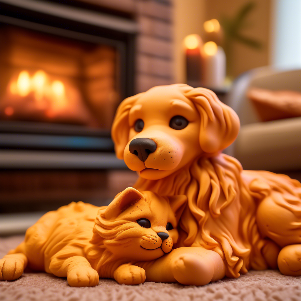 A fluffy orange cat and a golden retriever puppy cuddling together on a soft rug in front of a fireplace, captured in 4K with a 50mm lens and cozy, warm lighting.