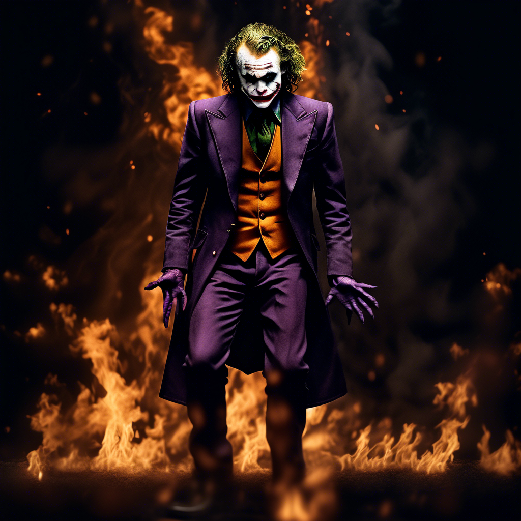 dark and gloomy, a full body photo of Heath Ledger as the joker, the flames behind him , lifelike texture, dynamic composition, Fujifilm XT2, 85mm F1.2, 1/80 shutter speed, (bokeh), high contrast, cinematic, movie still, 8K