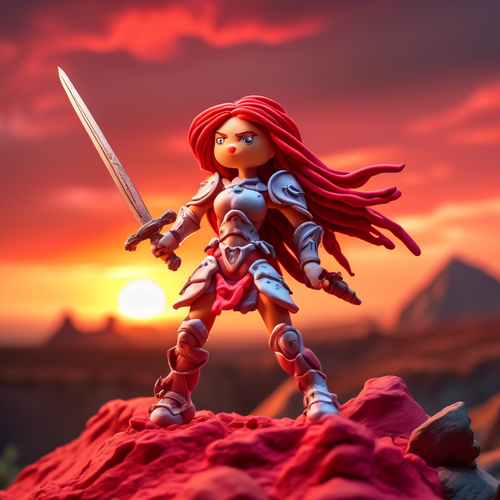 "Warrior Anime Girl in Battle Armor" A strong anime girl with flowing red hair, wielding a massive sword. She wears futuristic battle armor, standing atop a cliff overlooking a battlefield at sunset. Captured in 8K with dramatic lighting and vivid detail.