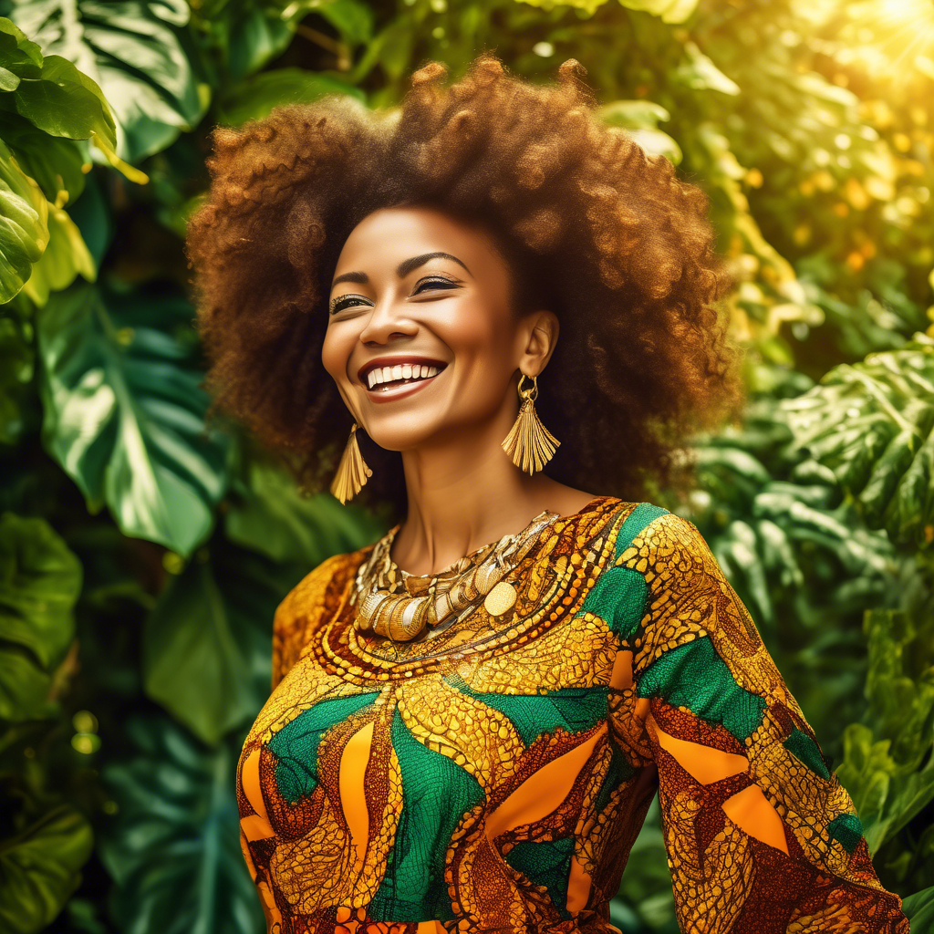 A joyful woman wearing a vibrant Ankara fabric dress with intricate patterns, adorned with golden jewelry. She stands outdoors with a sunny background of lush green foliage. 8K resolution with warm, natural lighting.