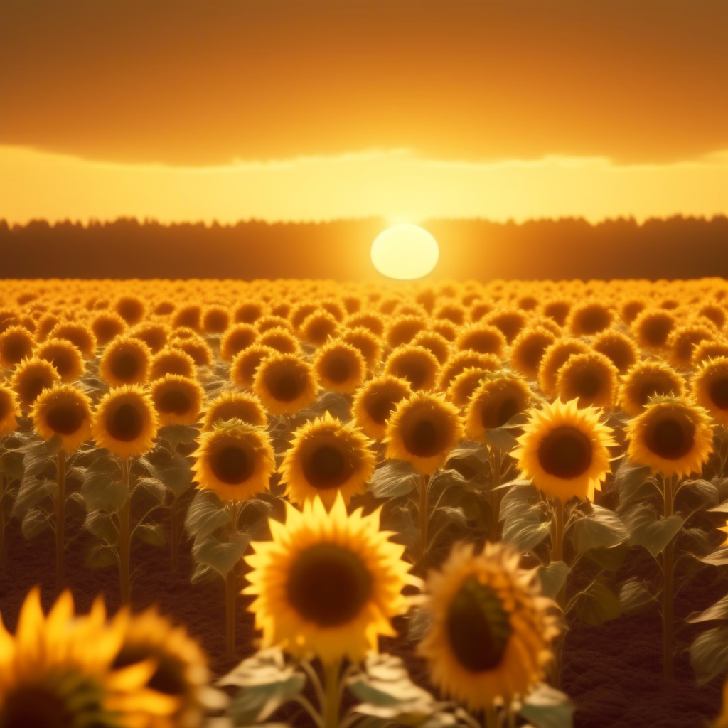 A radiant sunflower field with Fibonacci-patterned seed spirals, glowing under a soft golden sunset in 8K