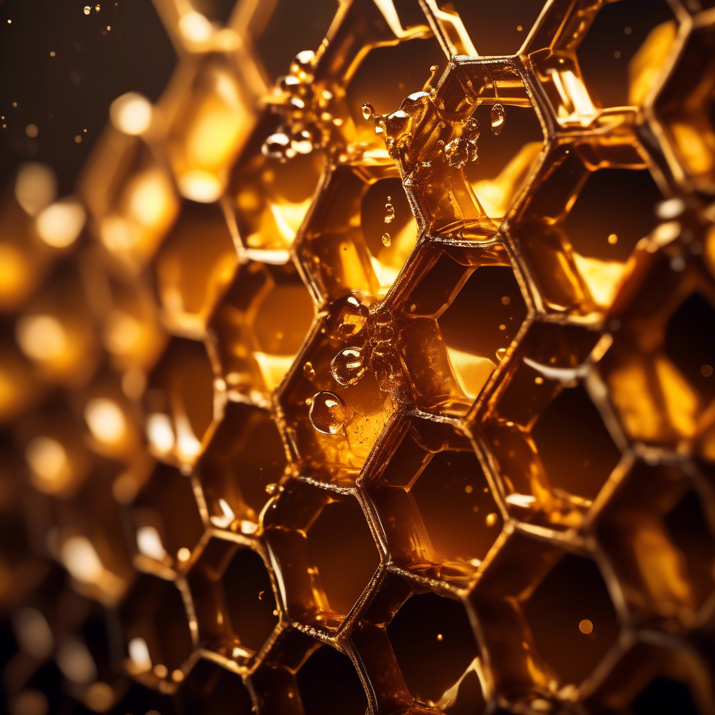 A high-detail honeycomb structure with golden ratio hexagons, dripping with glowing golden honey.