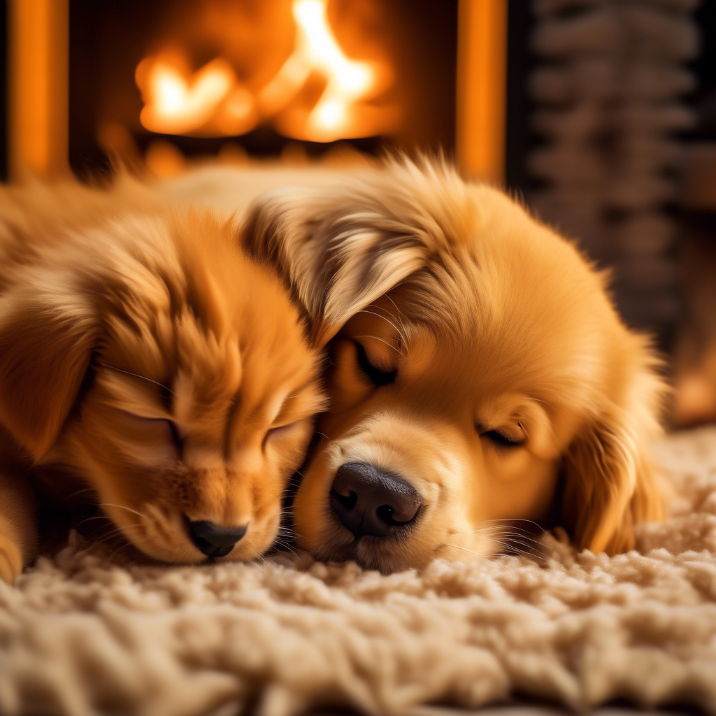 A fluffy orange cat and a golden retriever puppy cuddling together on a soft rug in front of a fireplace, captured in 4K with a 50mm lens and cozy, warm lighting.