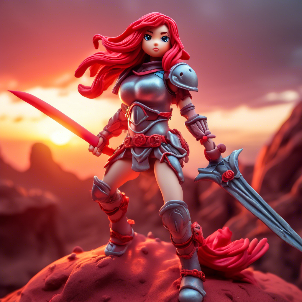 "Warrior Anime Girl in Battle Armor" A strong anime girl with flowing red hair, wielding a massive sword. She wears futuristic battle armor, standing atop a cliff overlooking a battlefield at sunset. Captured in 8K with dramatic lighting and vivid detail.