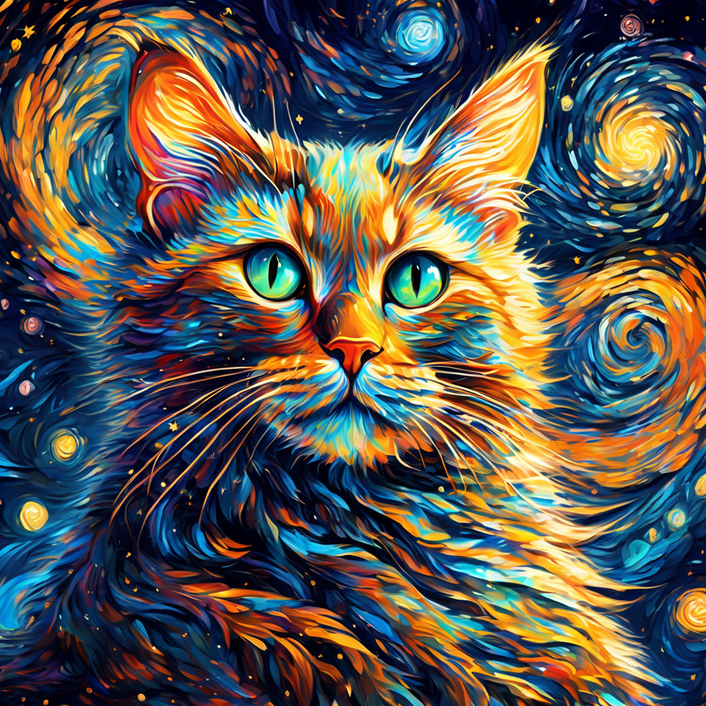 Generate an awe-inspiring and surreal digital painting of a mystical cat adorned with intricate patterns, floating amidst a swirling vortex of vibrant colors and shimmering stars. Capture the essence of Van Gogh's "Starry Night," with bold brushstrokes and a dreamy, otherworldly atmosphere.
