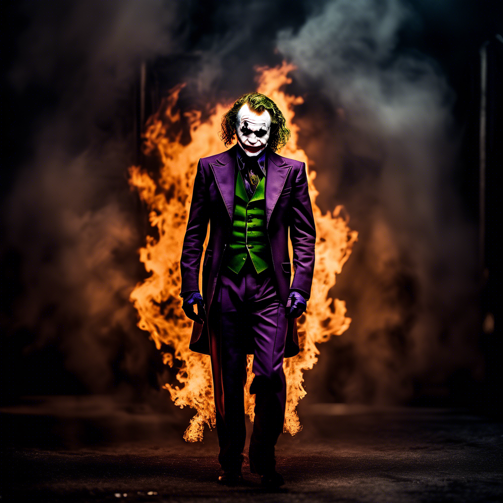 dark and gloomy, a full body photo of Heath Ledger as the joker, the flames behind him , lifelike texture, dynamic composition, Fujifilm XT2, 85mm F1.2, 1/80 shutter speed, (bokeh), high contrast, cinematic, movie still, 8K