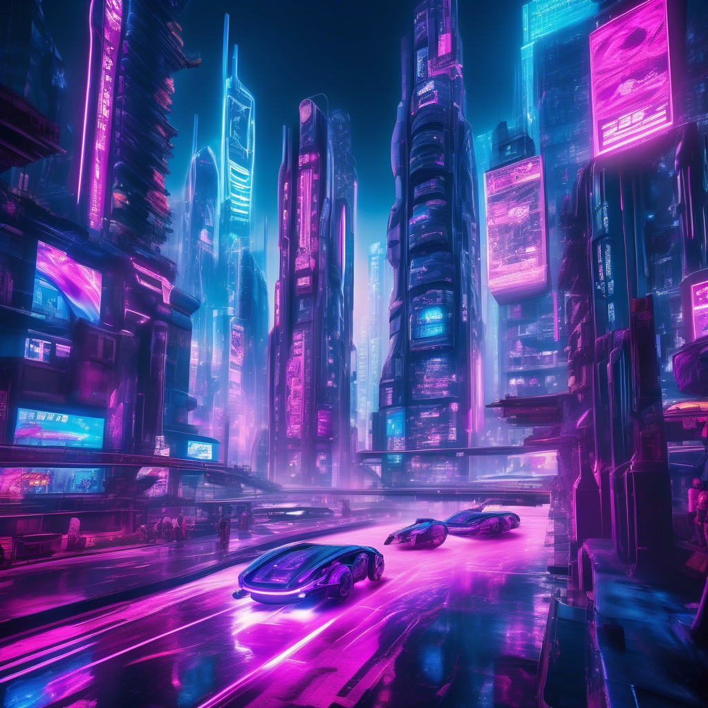 A sprawling futuristic city illuminated by neon lights in shades of blue, pink, and purple. Flying cars zip through the air, and towering skyscrapers feature holographic advertisements. The streets below are bustling with people in cyberpunk-inspired clothing. Captured in 8K resolution with a 35mm lens, shallow depth of field, and cinematic lighting. The atmosphere is energetic and vibrant.