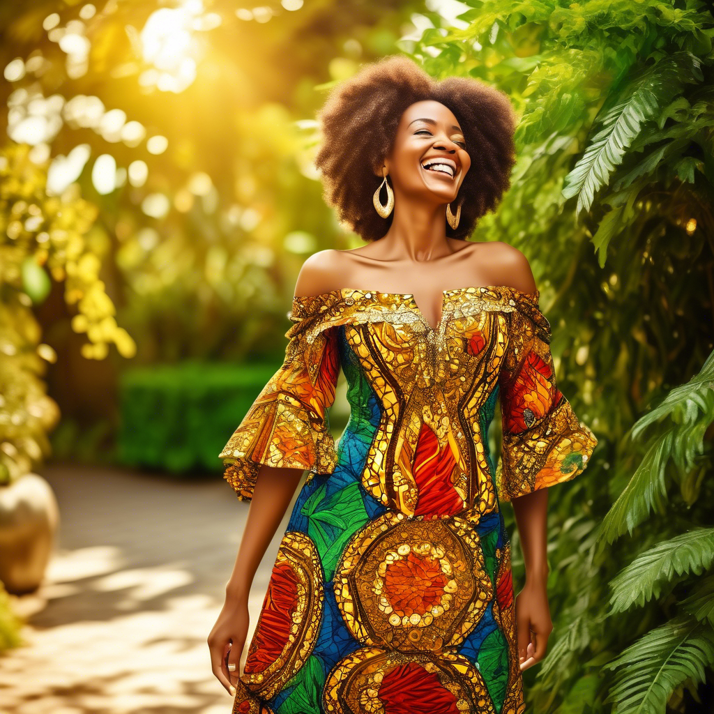 A joyful woman wearing a vibrant Ankara fabric dress with intricate patterns, adorned with golden jewelry. She stands outdoors with a sunny background of lush green foliage. 8K resolution with warm, natural lighting.