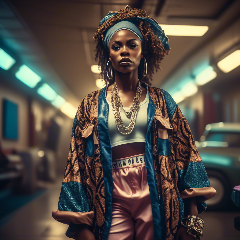 Fashion photography of an African beauty queen dressed in large hiphop clothes from 1980s , wearing sneakers , Sony Alpha α7, ISO1900, volumetric lighting,