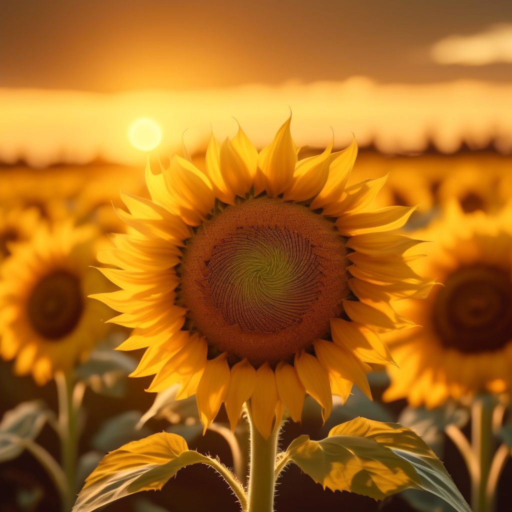 A radiant sunflower field with Fibonacci-patterned seed spirals, glowing under a soft golden sunset in 8K