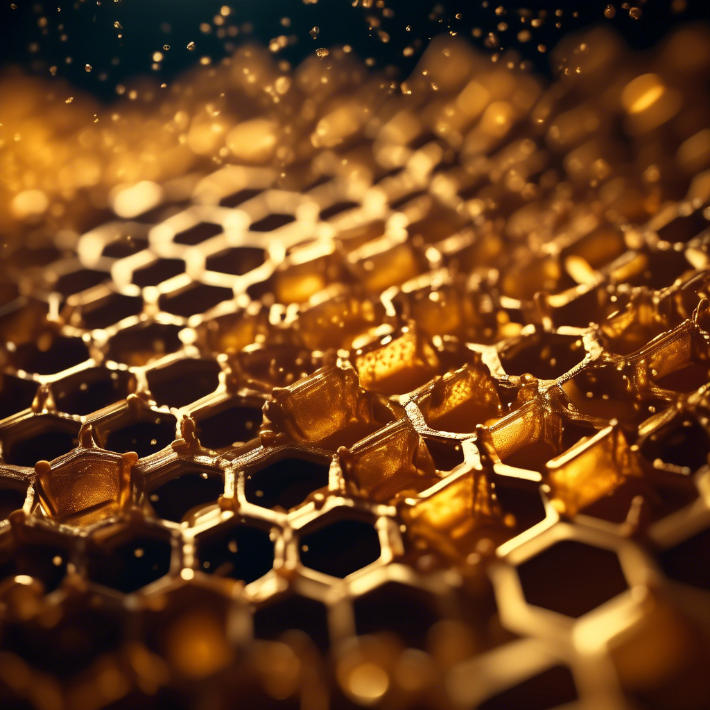 A high-detail honeycomb structure with golden ratio hexagons, dripping with glowing golden honey.