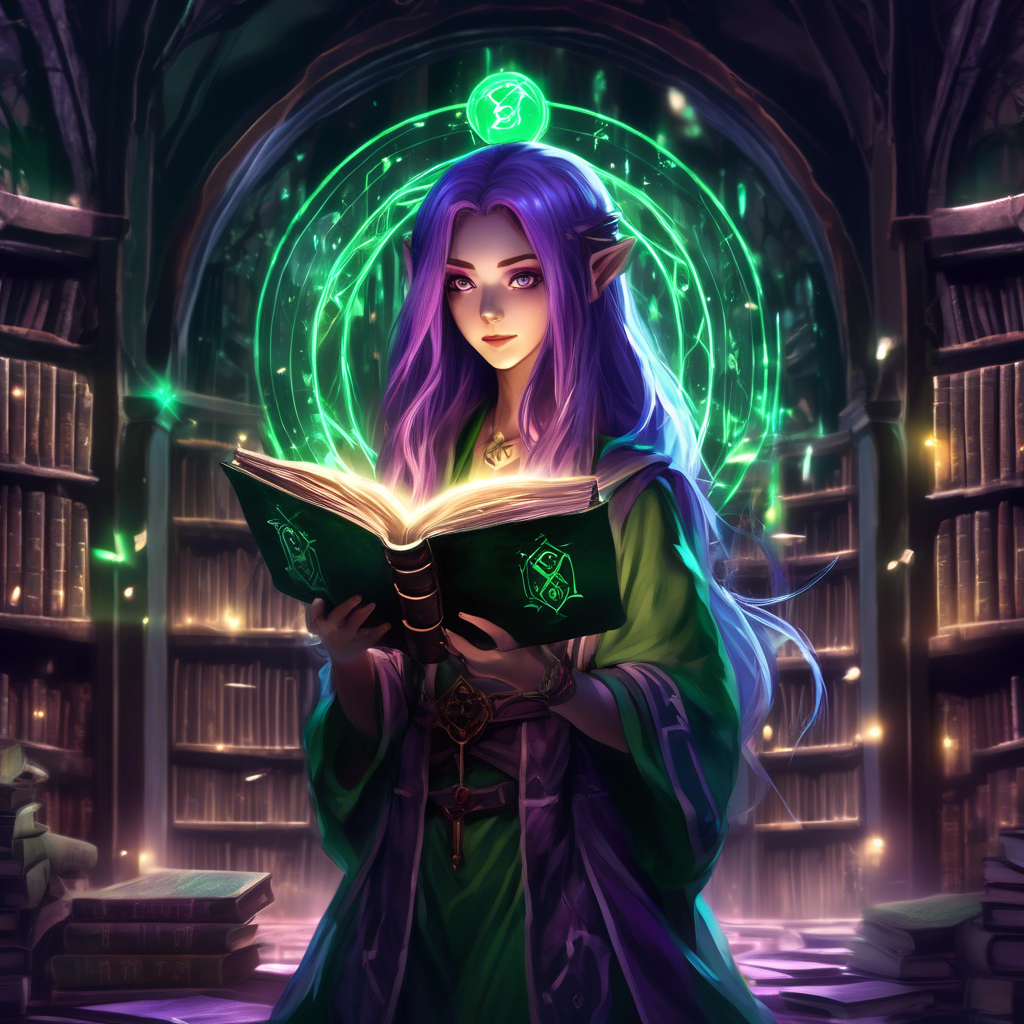 "Mystical Anime Girl with a Spellbook" An anime girl with glowing green eyes and long purple hair, holding an ancient spellbook with magical runes floating around her. The background is a dark, mystical library. Rendered in 8K with soft, glowing lighting.