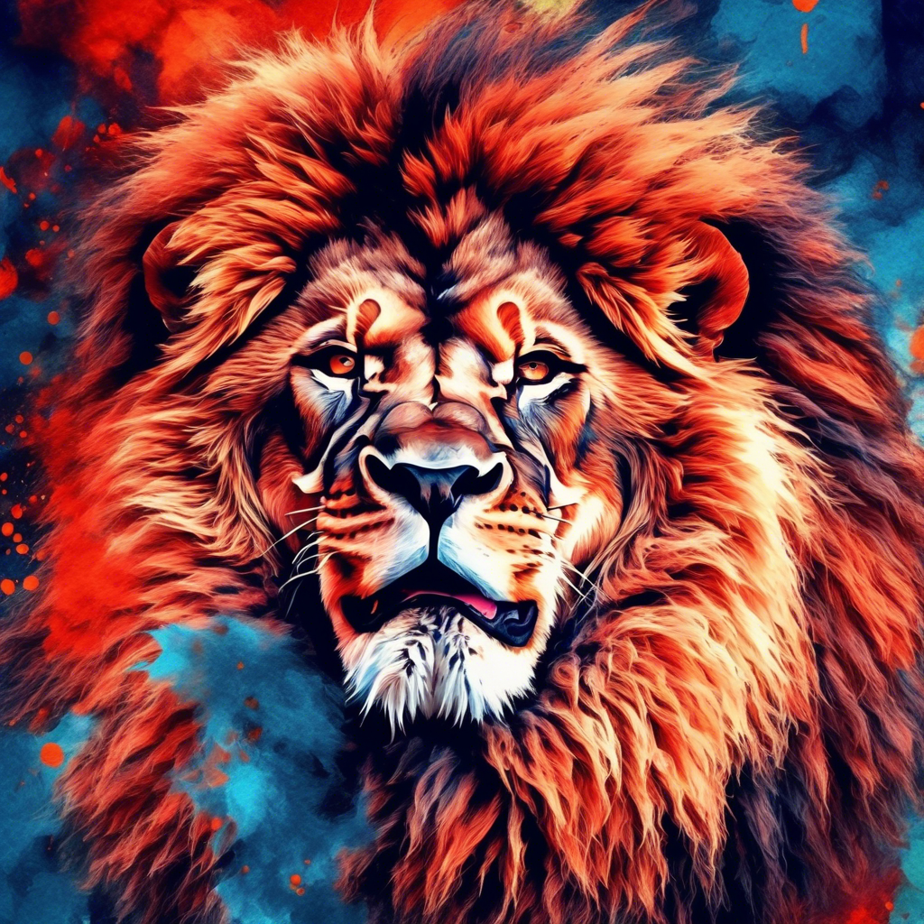 A roaring lion with an abstract watercolor effect, blending vivid red, orange, and blue hues, captured in 4K with sharp details and a surreal art style.