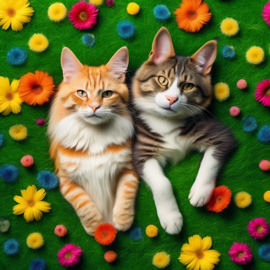 A cat and dog lying side by side on a green lawn, with colorful flowers in the background, captured in 8K using a macro lens for detailed fur textures.