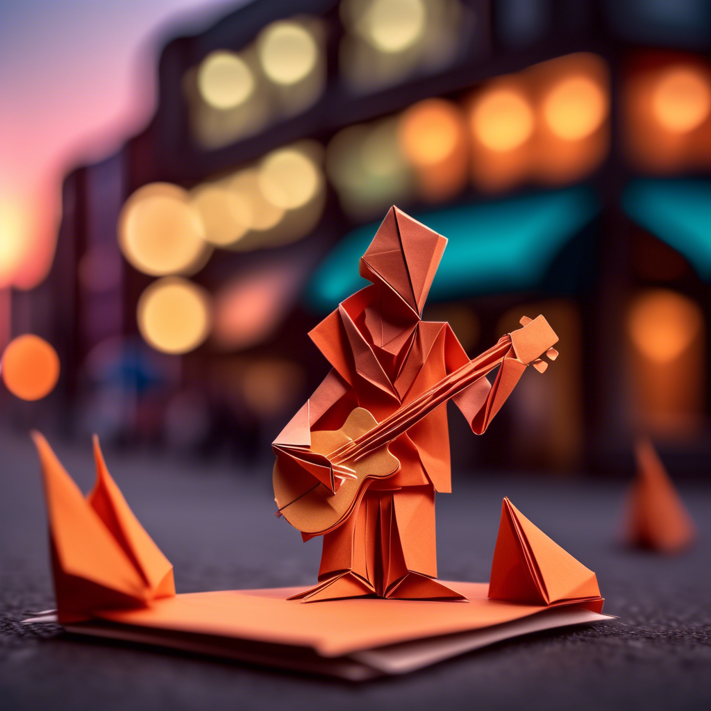 A young guitarist performing on a bustling urban street at sunset. The background features blurred pedestrians and glowing shop lights. Captured in 8K with a cinematic lens, vibrant color tones, and dynamic lighting.