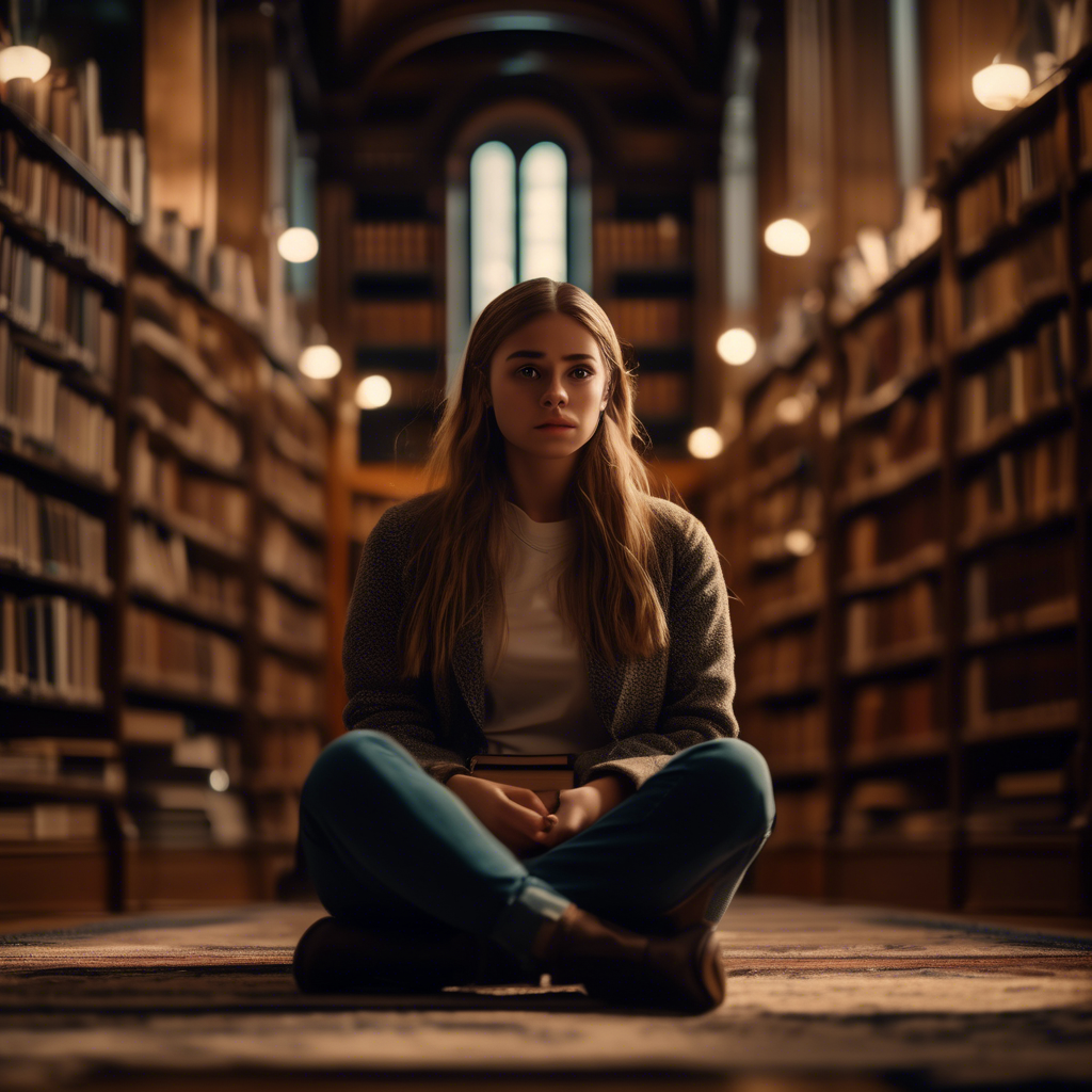 A curious girl sitting cross-legged on the floor of a grand library, surrounded by books. The scene is detailed with shelves that stretch into the distance. Captured in 8K with warm, ambient lighting.