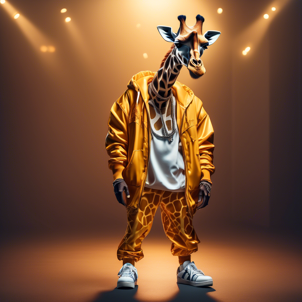Fashion photography of a anthropomorphic giraffe dressed in large hiphop clothes from 1980s , wearing sneakers , Sony Alpha α7, ISO1900, volumetric lighting,
