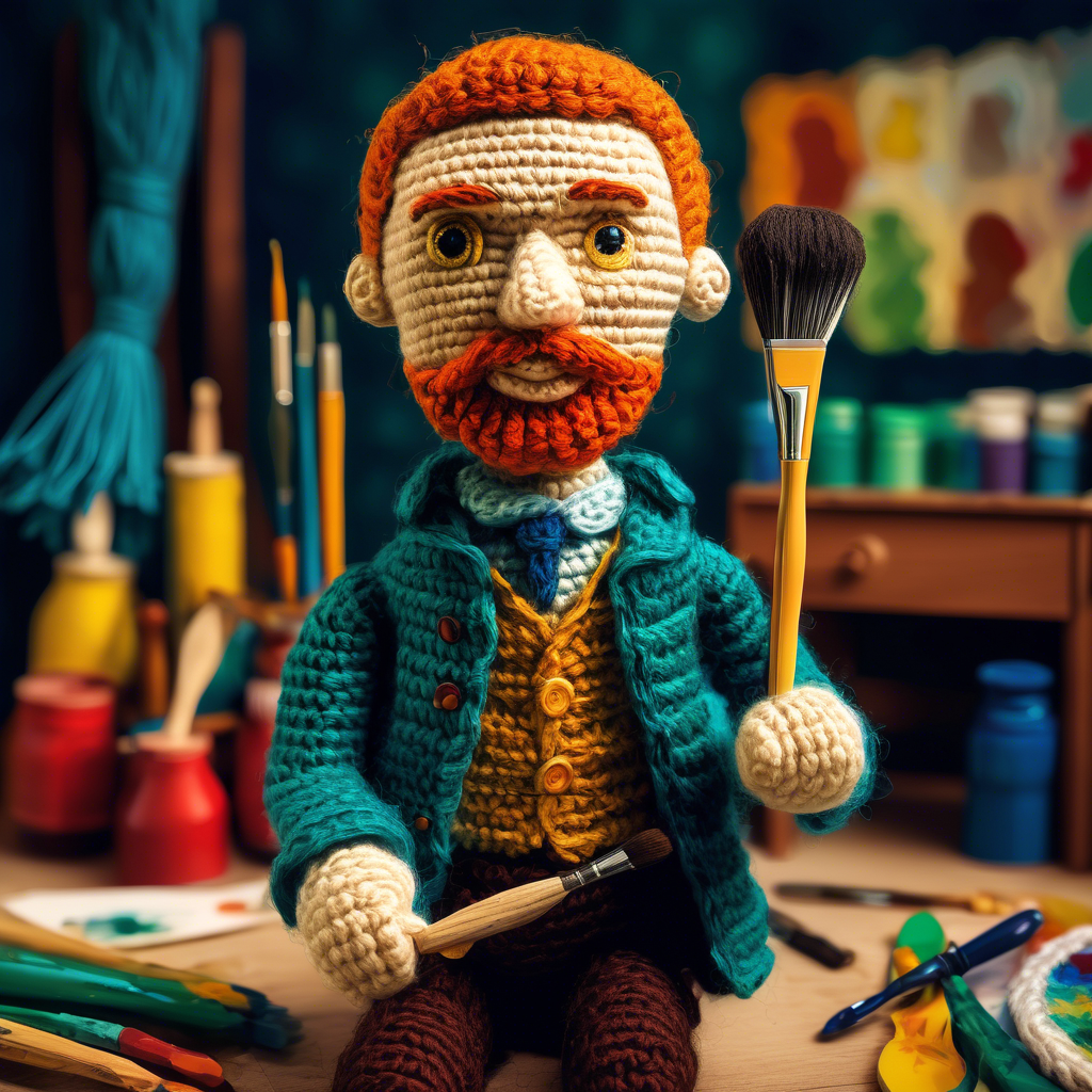 crochet doll of Vincent VanGogh HOLDING PAINTBRUSH in art studio