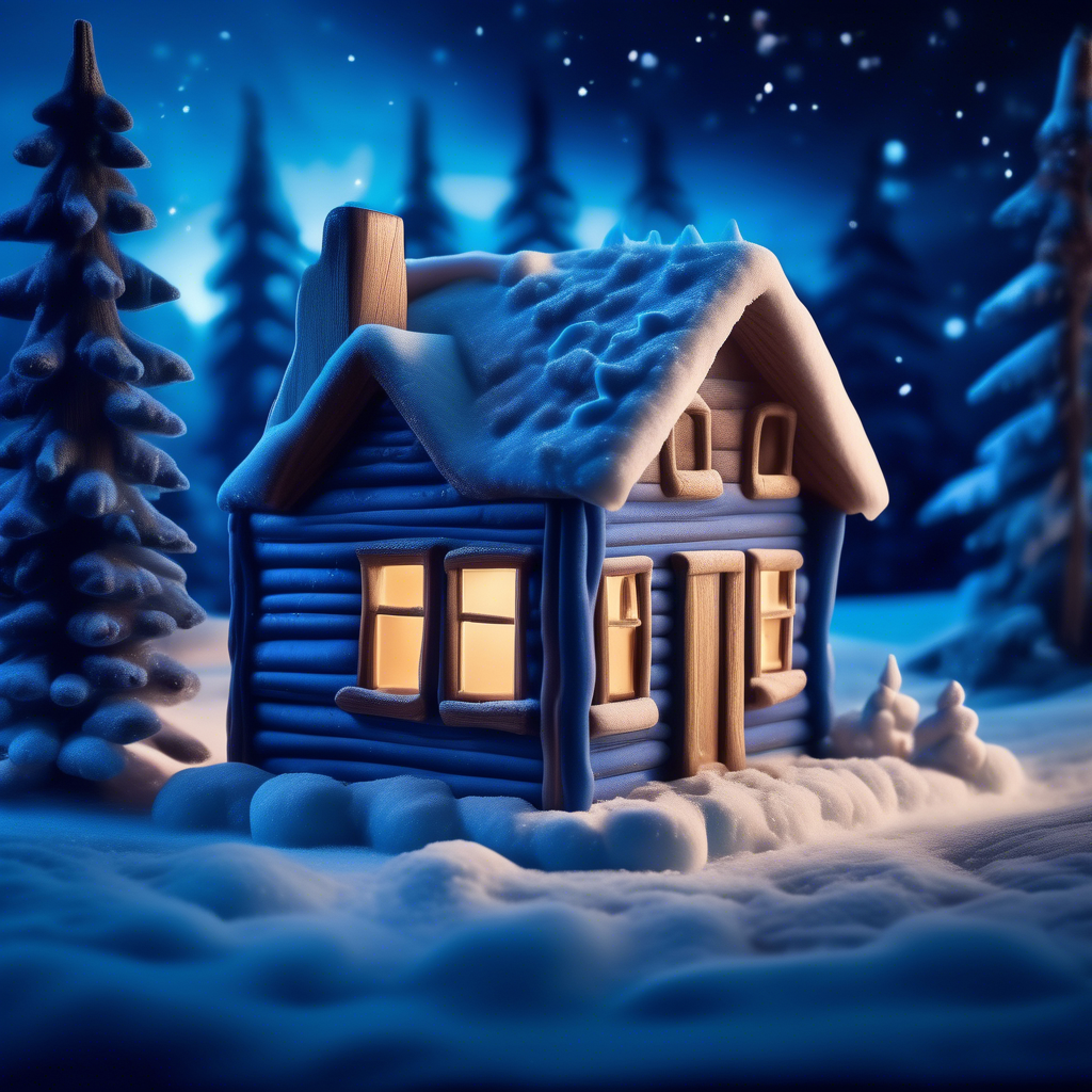 A rustic wooden cabin with smoke rising from its chimney, surrounded by snow-covered pine trees. A warm glow from the windows contrasts with the icy blue tones of the snow. The sky is a deep twilight blue with faint stars visible. Captured in 8K resolution with a 35mm lens, deep depth of field, and soft, natural lighting. The atmosphere is peaceful and inviting.