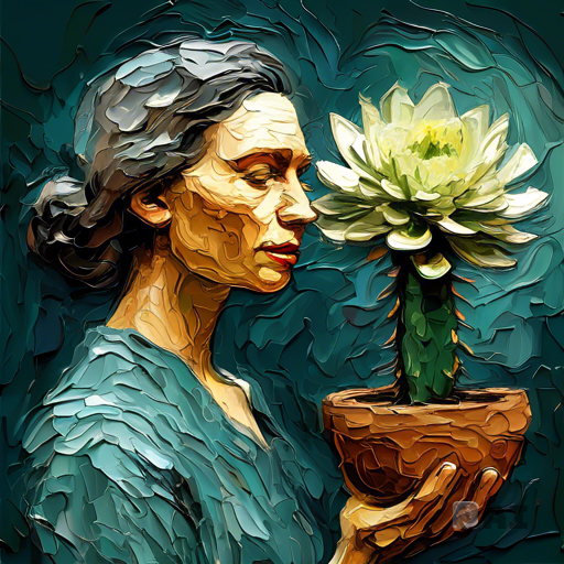 Fusion between loose Grisaille and  impasto, Stunning Portrait art in the style of van gogh model looking at a cactus flower bloom