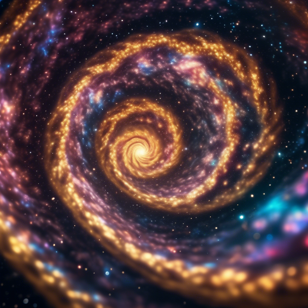 A Fibonacci-inspired galaxy swirl with radiant stars and colorful nebulae forming golden ratio spirals in cosmic harmony.