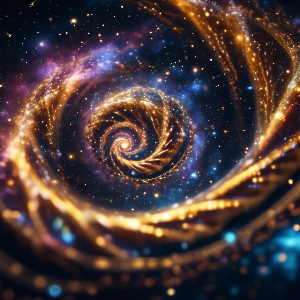 A Fibonacci-inspired galaxy swirl with radiant stars and colorful nebulae forming golden ratio spirals in cosmic harmony.