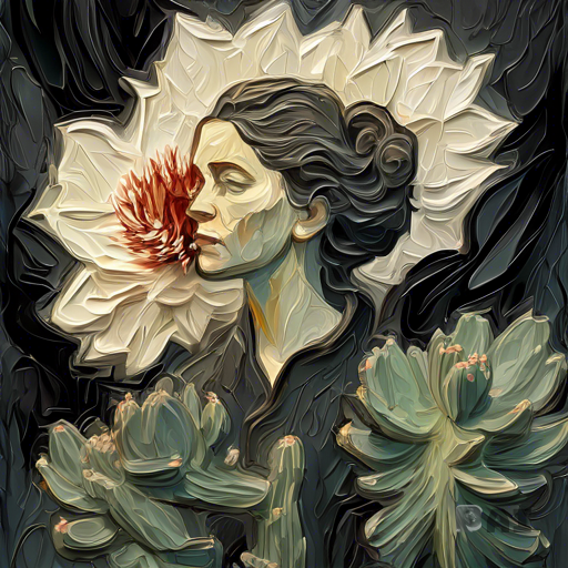 Fusion between loose Grisaille and  impasto, Stunning Portrait art in the style of van gogh model looking at a cactus flower bloom