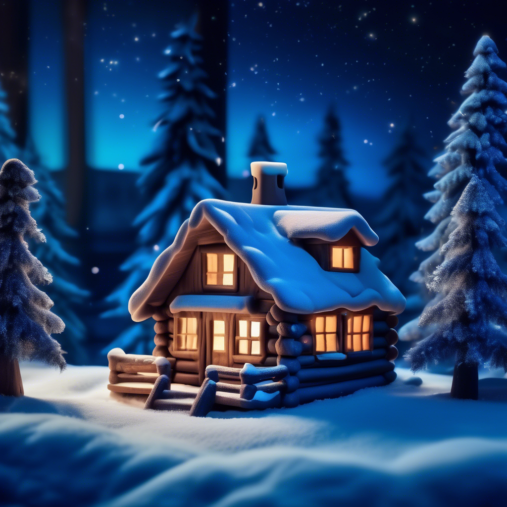 A rustic wooden cabin with smoke rising from its chimney, surrounded by snow-covered pine trees. A warm glow from the windows contrasts with the icy blue tones of the snow. The sky is a deep twilight blue with faint stars visible. Captured in 8K resolution with a 35mm lens, deep depth of field, and soft, natural lighting. The atmosphere is peaceful and inviting.