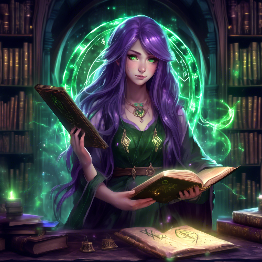 "Mystical Anime Girl with a Spellbook" An anime girl with glowing green eyes and long purple hair, holding an ancient spellbook with magical runes floating around her. The background is a dark, mystical library. Rendered in 8K with soft, glowing lighting.