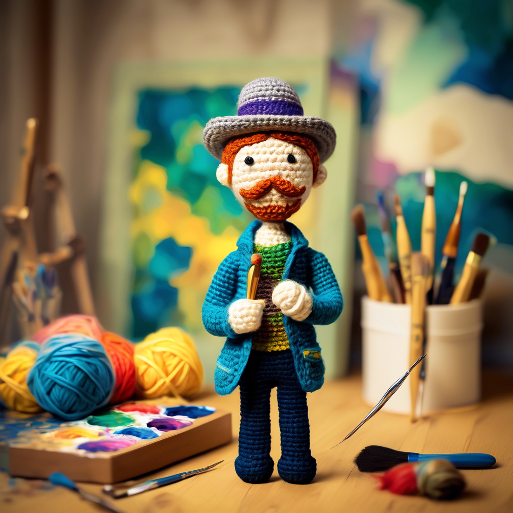 crochet doll of Vincent VanGogh HOLDING PAINTBRUSH in art studio