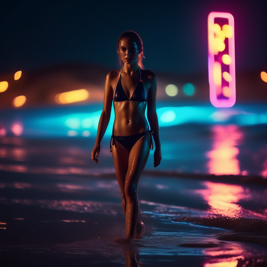 A confident girl in a swim wear walking on a beach at night, neon lights reflecting off the wet sand, captured in 4K with a 50mm lens and dramatic lighting.