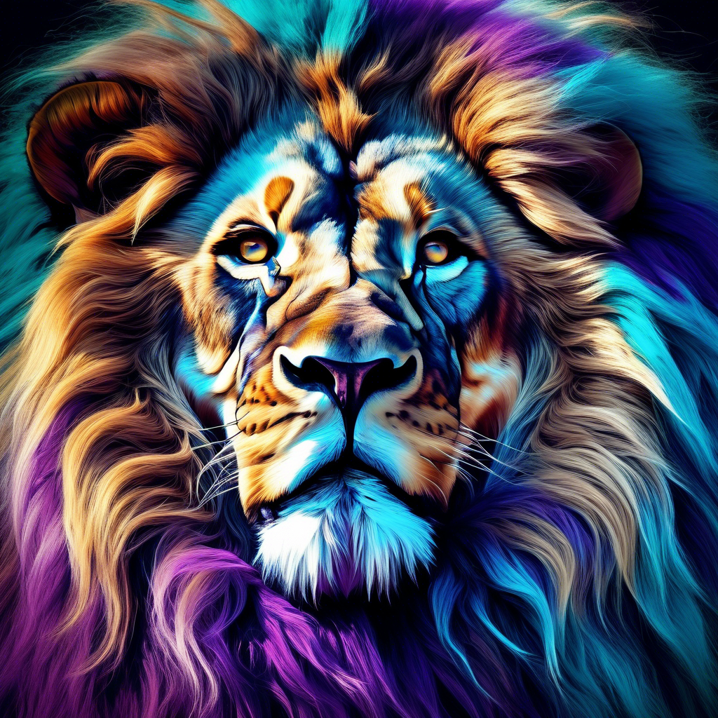 majestic lion with a flowing mane, painted in vibrant abstract colors of teal, purple, and gold, against a dark, textured background, captured in 8K with high-contrast lighting and dramatic shadows.