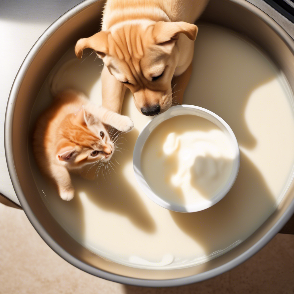 A playful tabby cat and a Labrador puppy sharing a bowl of milk in a sunny kitchen, captured in 4K with natural lighting and a slightly overhead angle.