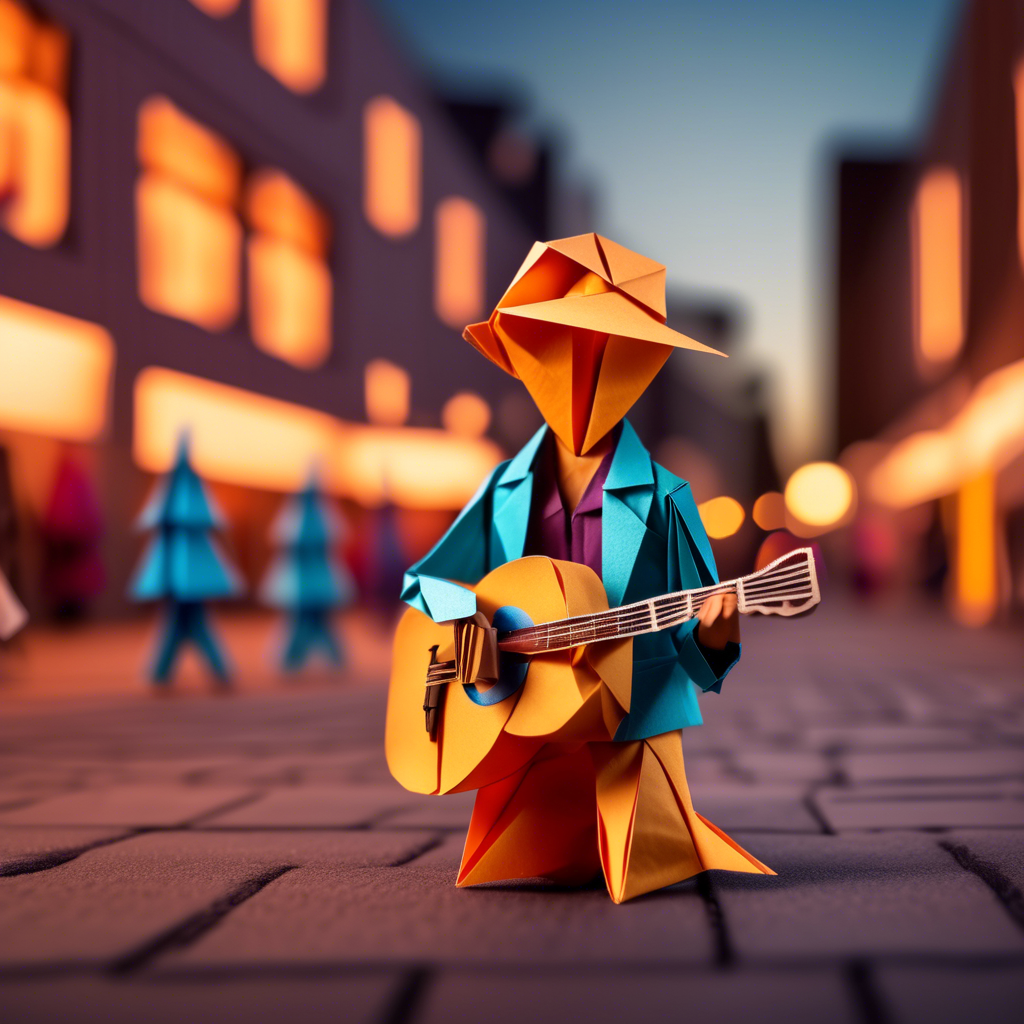 A young guitarist performing on a bustling urban street at sunset. The background features blurred pedestrians and glowing shop lights. Captured in 8K with a cinematic lens, vibrant color tones, and dynamic lighting.