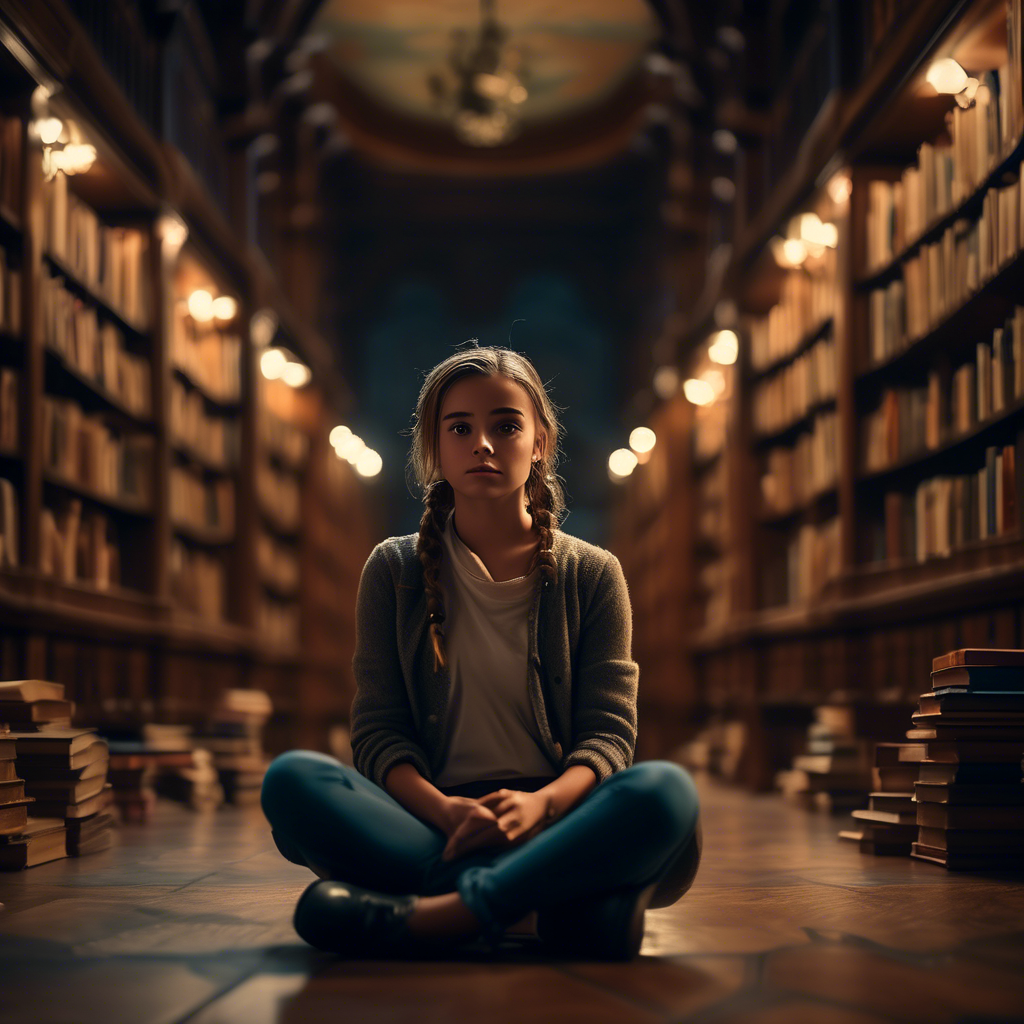 A curious girl sitting cross-legged on the floor of a grand library, surrounded by books. The scene is detailed with shelves that stretch into the distance. Captured in 8K with warm, ambient lighting.