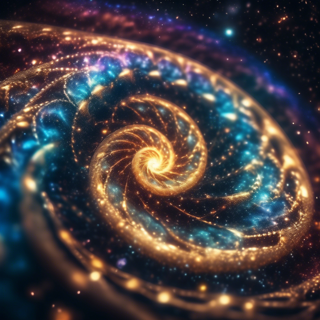 A Fibonacci-inspired galaxy swirl with radiant stars and colorful nebulae forming golden ratio spirals in cosmic harmony.