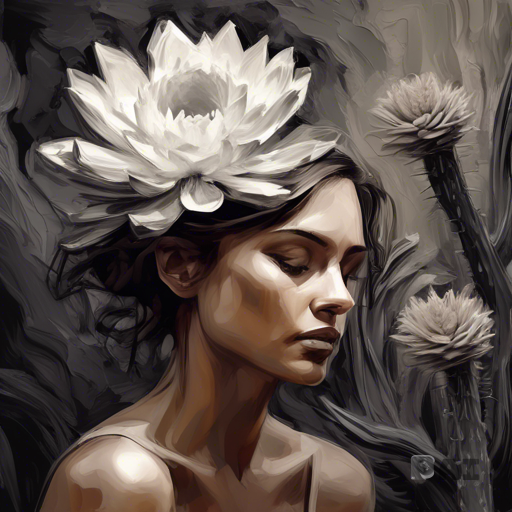 Fusion between loose Grisaille and  impasto, Stunning Portrait art in the style of julio reyes model looking at a blooming cactus flower bloom