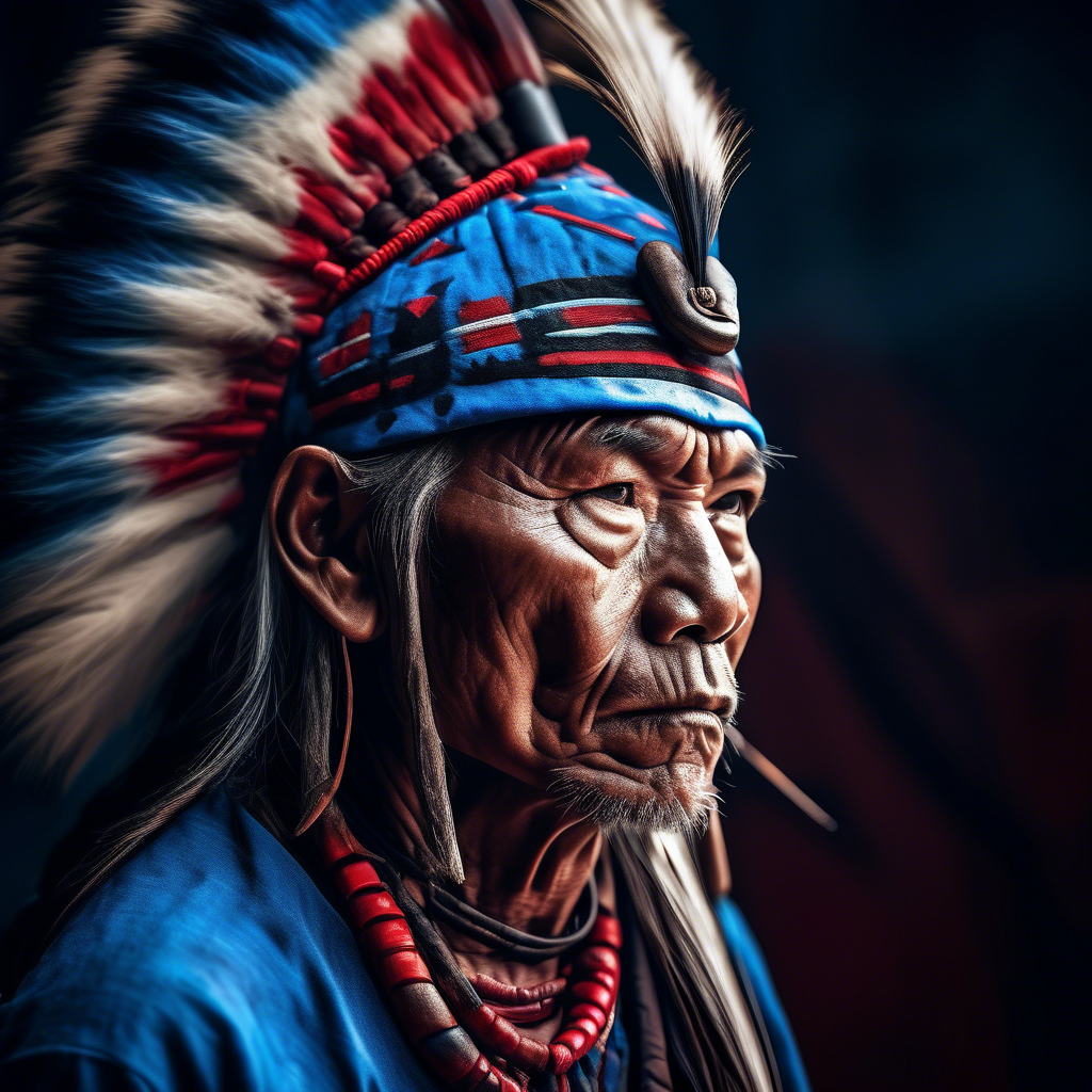 portrait photo of a asia old warrior chief, tribal panther make up, blue on red, side profile, looking away, serious eyes, 50mm portrait photography, hard rim lighting photography--beta the photo must be real