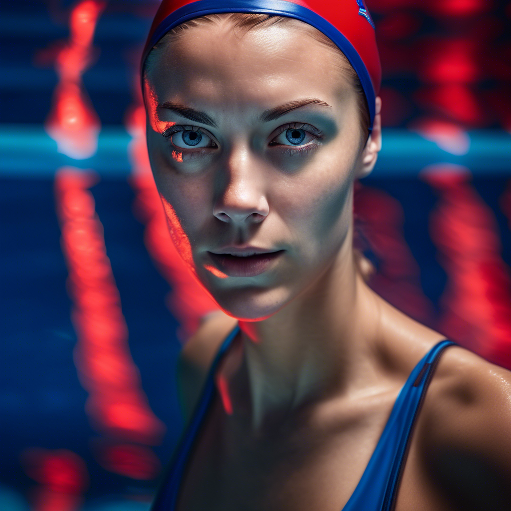 portrait photo of a female swimmer make up, blue on red, side profile, looking away, serious eyes, 50mm portrait photography, hard rim lighting photography--beta the photo must be real