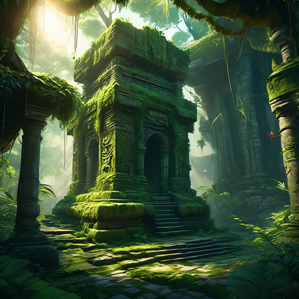 An overgrown ancient stone temple partially hidden by dense jungle foliage, with vines cascading down its walls. Sunlight filters through the canopy, creating dappled patterns on the mossy stones. Exotic birds can be seen in the distance, and the air feels humid and alive. Captured in 8K resolution with a 35mm lens, deep depth of field, and natural, vibrant lighting. The scene is mysterious and awe-inspiring.