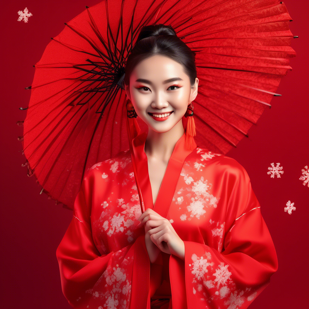 a young model dressed in Chinese clothing is posing with a umbrella in front of a red background, snowflake. solid color red background, Excellent skin texture, Smiling expression, cheerful atmosphere, in the style of eye-catching resin jewelry, Beauty product advertising, photo studio, the stars art group, xing xing, matte photo, minimalist beauty, meticulous linework precision, feminine beauty