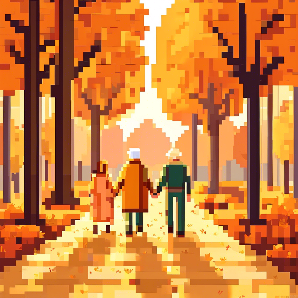 "Senior Couple Walking in a Park" An elderly couple holding hands, walking down a tree-lined path with autumn leaves covering the ground. The scene is serene, with soft golden-hour lighting in 8K resolution.