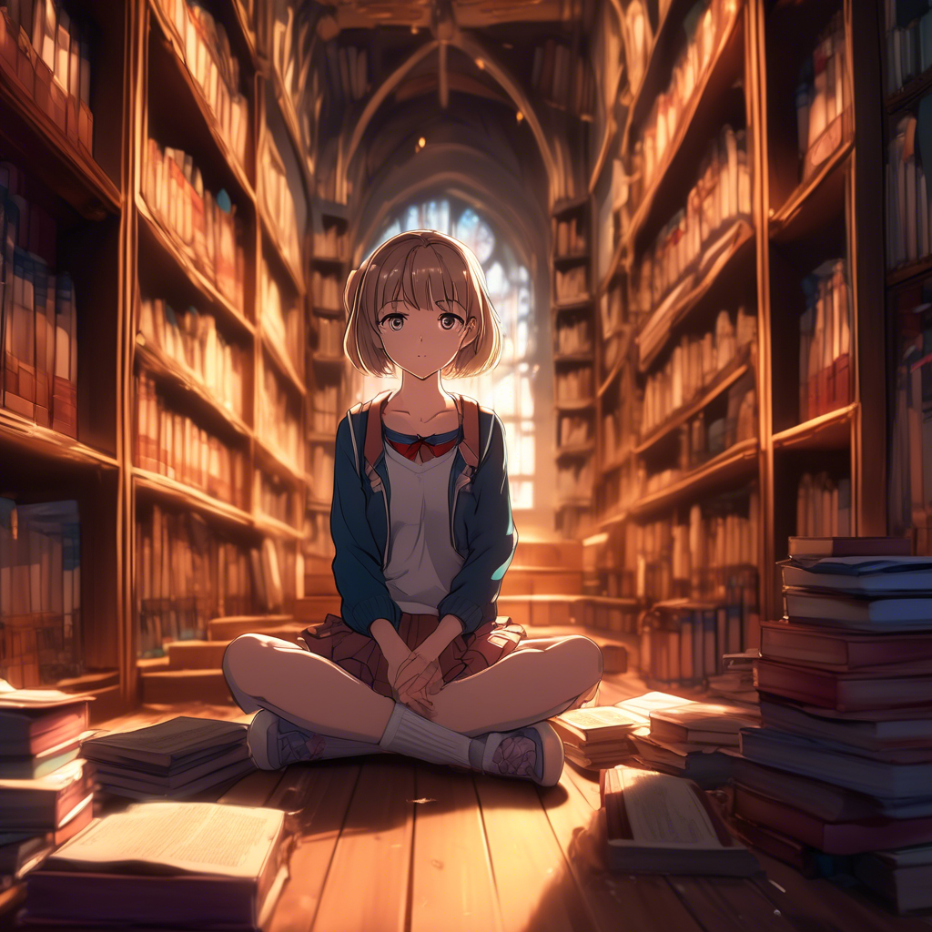 A curious girl sitting cross-legged on the floor of a grand library, surrounded by books. The scene is detailed with shelves that stretch into the distance. Captured in 8K with warm, ambient lighting.