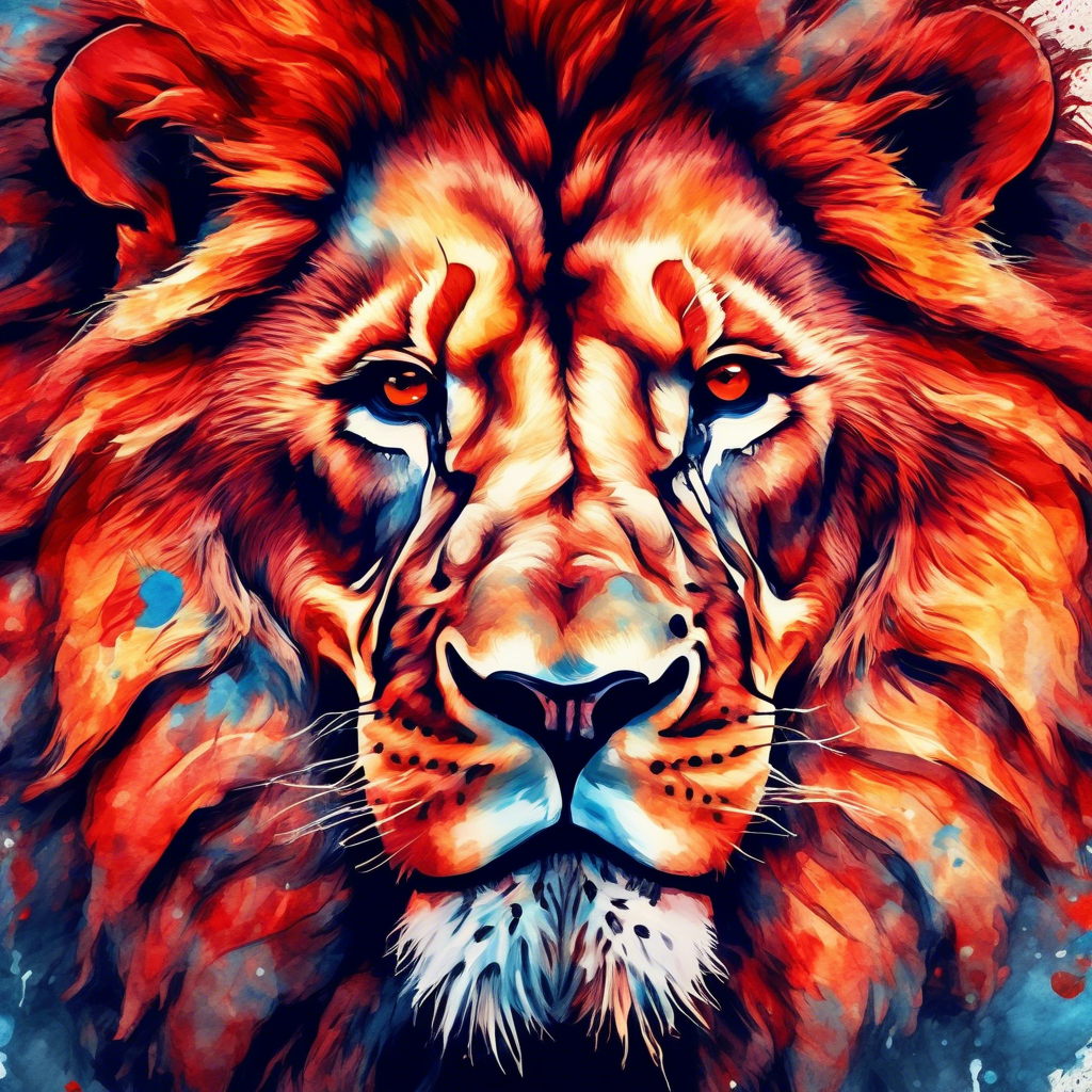 A roaring lion with an abstract watercolor effect, blending vivid red, orange, and blue hues, captured in 4K with sharp details and a surreal art style.