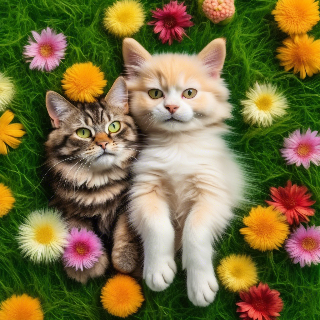 A cat and dog lying side by side on a green lawn, with colorful flowers in the background, captured in 8K using a macro lens for detailed fur textures.